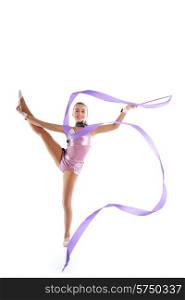 Kid girl ribbon rhythmic gymnastics exercise on white background