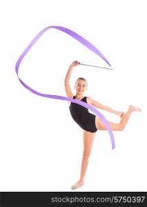 Kid girl ribbon rhythmic gymnastics exercise on white background