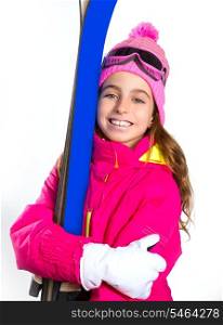 Kid girl ski with snow equipment goggles and winter wool hat