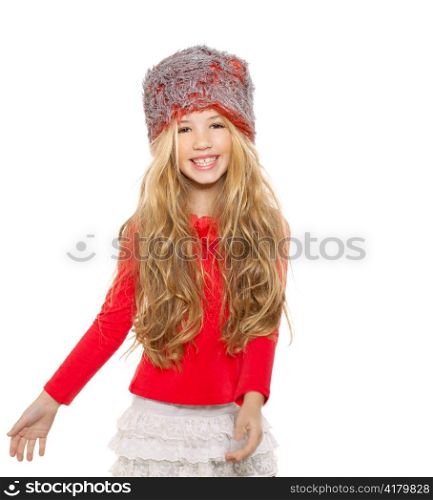 kid girl winter dancing with red shirt and fur hat on white background