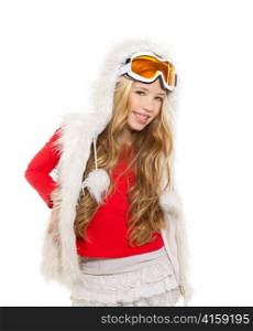 kid girl with snow winter glasses and white fur coat isolated background