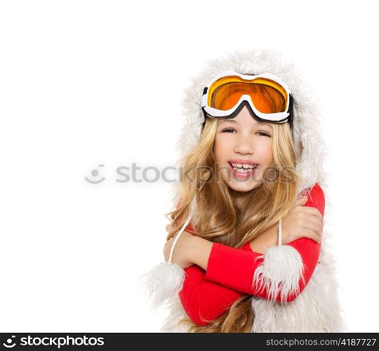 kid girl with snow winter glasses and white fur coat isolated background