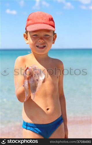 Kid is holding a jellyfish on the sea beach