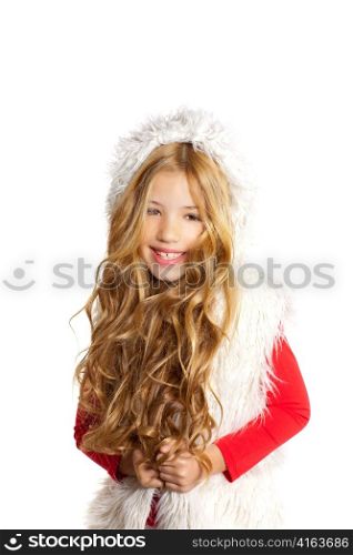 Kid little girl with christmas winter white fur and red shirt