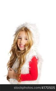 Kid little girl with christmas winter white fur and red shirt