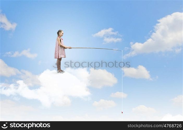 Kid on moon. Little girl standing on moon and fishing