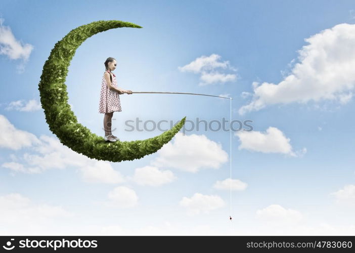 Kid on moon. Little girl standing on moon and fishing