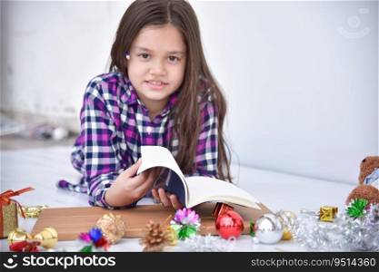 Kid reading book happy girl home school. American childhood lying down play and learn doing homework caucasian girl study human academic kindergarten. Little toddler kid read book in holidays