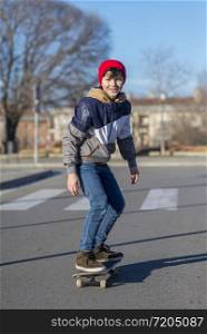 Kid skateboarder doing a skateboard trick.