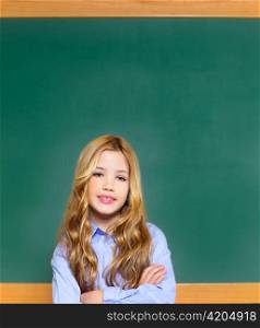kid student girl on green blackboard posing with smile