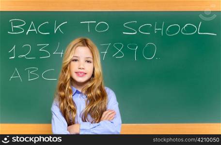 kid student girl on green school blackboard with witten back to school text