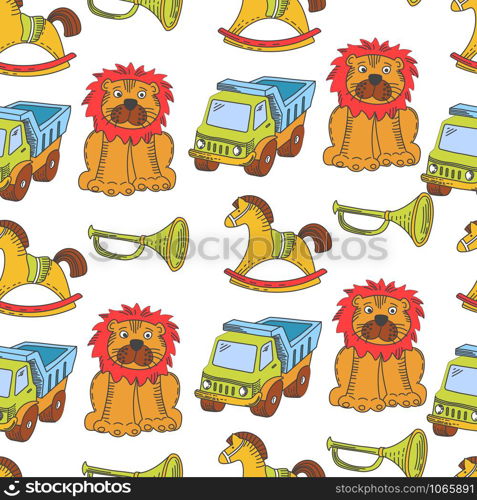 Kid toys and children playthings collection for kindergarten girls and boys seamless pattern. Vector isolated icons of ball, doll or car and bear with rabbit, ship or gun and rocket or tank and musical instruments. Kid toys and children playthings collection for kindergarten girls and boys seamless pattern.