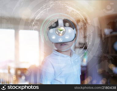 Kid wearing virtual reality goggles learning world population, Ecology,Environmental,Boy looking in VR headset online learning with 3D gadget,Double exposure Geography with growth tree on globe map