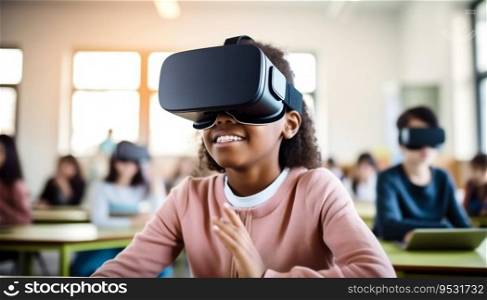 Kid wearing VR goggles at school as a new mean of studying