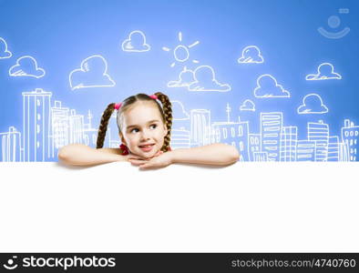 Kid with banner. Image of cute girl with blank white banner. Place for text