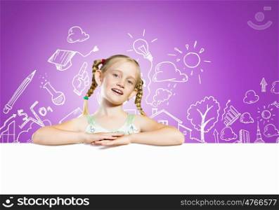 Kid with banner. Image of cute girl with blank white banner. Place for text