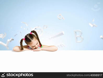 Kid with banner. Image of cute girl with blank white banner. Place for text