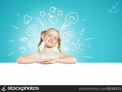 Kid with banner. Image of cute girl with blank white banner. Place for text