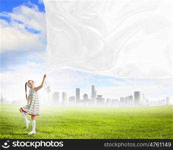 Kid with banner. Image of little girl holding blank white banner