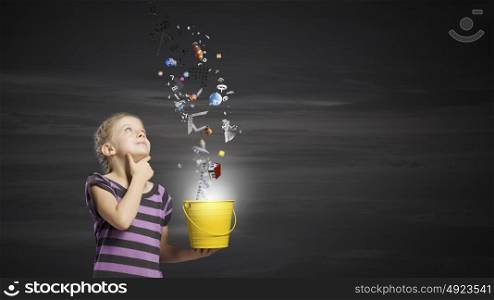 Kid with bucket. Cute girl with bucket splashing conceptual items