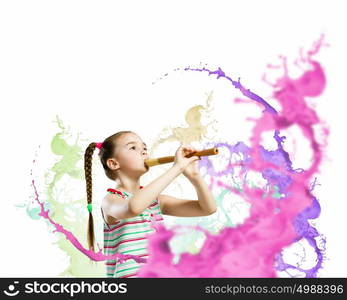 Kid with flute. Image of little cute girl playing on flute