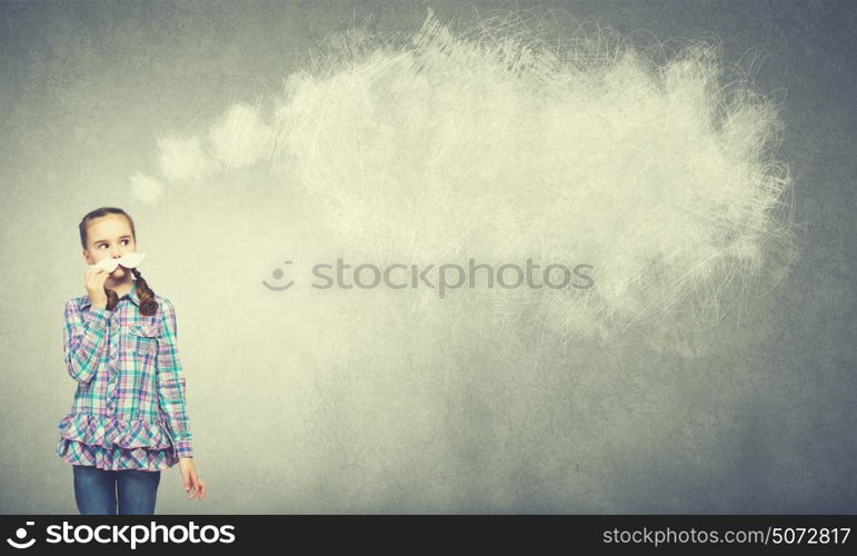 Kid with mustache. Cute girl wearing shirt and paper mustache