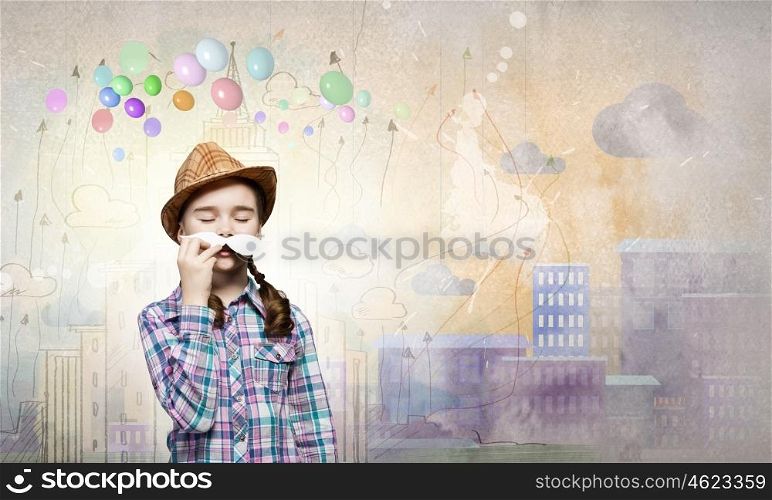 Kid with mustache. Cute girl wearing shirt hat and mustache