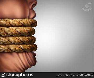 Kidnapped hostage abduction concept as a person with a big mouth tied with ropes as a censorship and suppression metaphor for communication problem in a photo realistic 3D illustration style.
