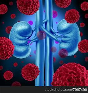 Kidney cancer medical concept as cancerouse cells in a human body attacking the urinary system and renal anatomy as a symbol for tumor growth treatment and risk.