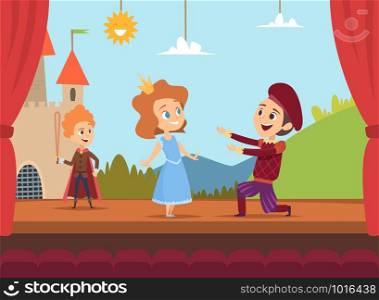 Kids at school stage. Children actors making big performance at scene dramatic scenery vector illustration. Children characters in drama, boy and girl on stage. Kids at school stage. Children actors making big performance at scene dramatic scenery vector illustrations