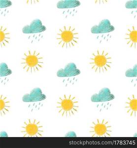 Kids design for textile prints, wallpapers, wrapping, web backgrounds and other pattern fills. Seamless pattern with sun and rainy clouds Kids summer design