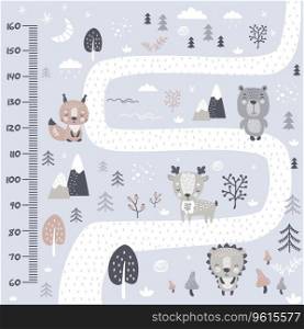 Kids height chart. Cute and funny doodle wild animals in forest. Growth chart or banner in scandinavian style. Poster template, childish print. Vector illustration