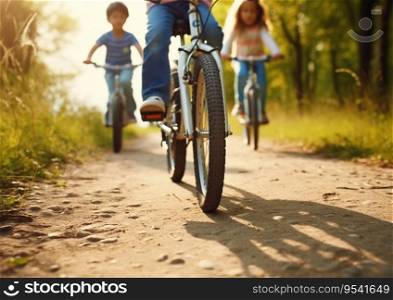 Kids riding bicycle on sunny summer day.AI Generative