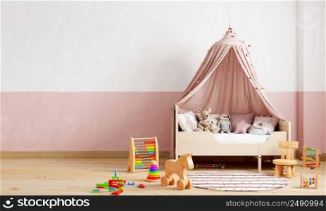 Kids room in pink and white tone color wall background. Interior and children’s room nursery concept. 3D illustration rendering