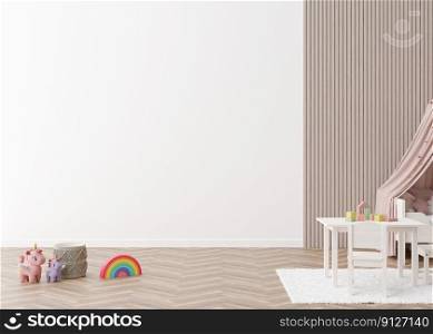 Kids room wallpaper presentation mock up. Empty white wall in modern child room. Copy space for your wallpaper design, wall stickers or other decoration. Interior in scandinavian style. 3D rendering. Kids room wallpaper presentation mock up. Empty white wall in modern child room. Copy space for your wallpaper design, wall stickers or other decoration. Interior in scandinavian style. 3D rendering.