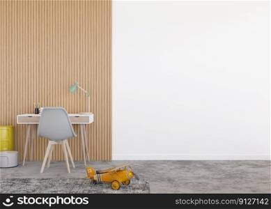 Kids room wallpaper presentation mock up. Empty white wall in modern child room. Copy space for your wallpaper design, wall stickers or other decoration. Interior in scandinavian style. 3D rendering. Kids room wallpaper presentation mock up. Empty white wall in modern child room. Copy space for your wallpaper design, wall stickers or other decoration. Interior in scandinavian style. 3D rendering.