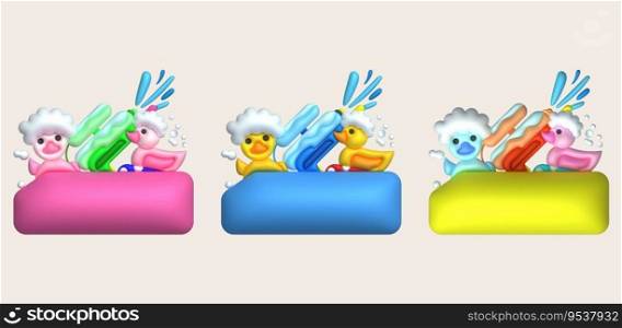 Kids toys box vector baby container with toyshop Rubber duck, water gun set illustration