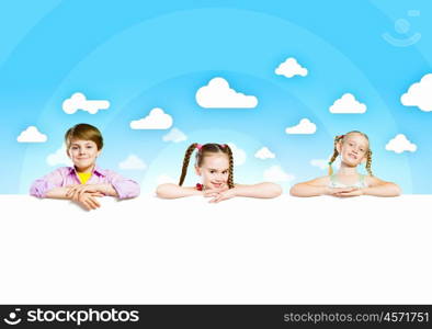 Kids with banner. Image of cute kids holding blank white banner. Place for text