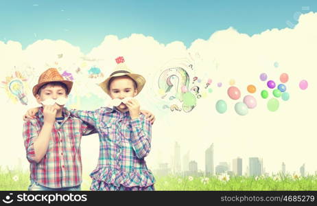 Kids with mustache. Cute girl and boy wearing shirt hat and mustache