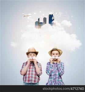 Kids with mustache. Cute girl and boy wearing shirt hat and mustache