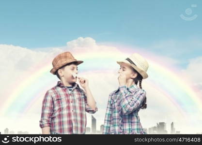 Kids with mustache. Cute girl and boy wearing shirt hat and mustache