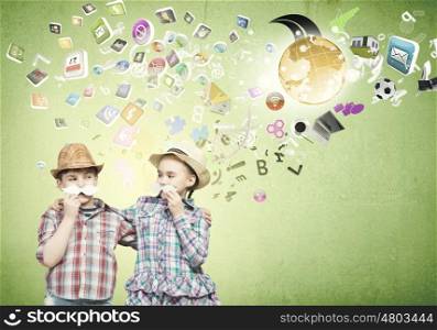 Kids with mustache. Cute girl and boy wearing shirt hat and mustache