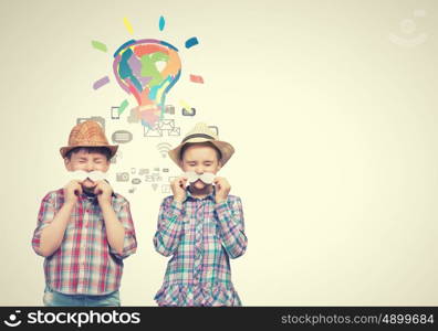 Kids with mustache. Cute girl and boy wearing shirt hat and mustache