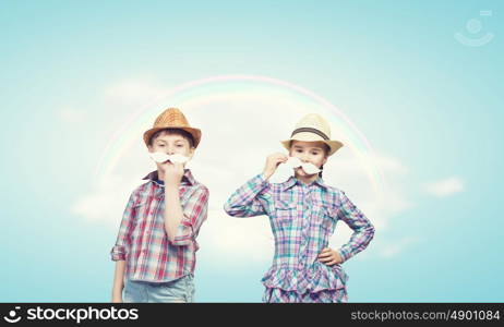 Kids with mustache. Cute girl and boy wearing shirt hat and mustache