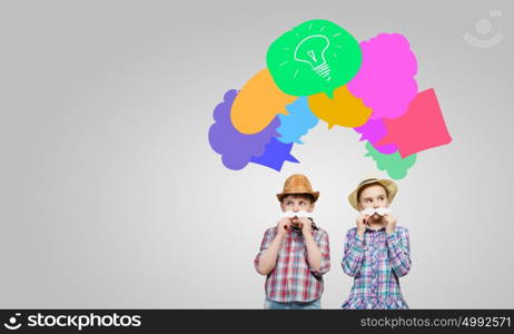 Kids with mustache. Cute girl and boy wearing shirt hat and mustache