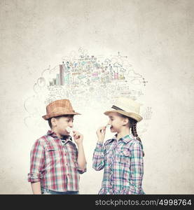 Kids with mustache. Cute girl and boy wearing shirt hat and mustache