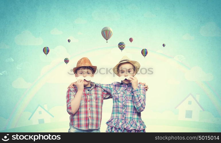 Kids with mustache. Cute girl and boy wearing shirt hat and mustache