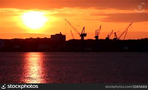 Kiel - Fjord with Cranes on Harbour at Sunset