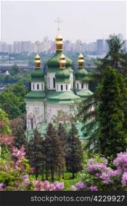 Kiev Botanic Garden. View to the Vydubichi monastery and left bank of Dnipro river