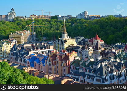 Kiev city. Beautiful houses on the Vozdvizhenska and Honcharna street. Capital of Ukraine - Kyiv